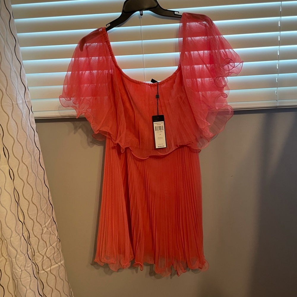 Orange shirt dress with ruffle detail and off the shoulder